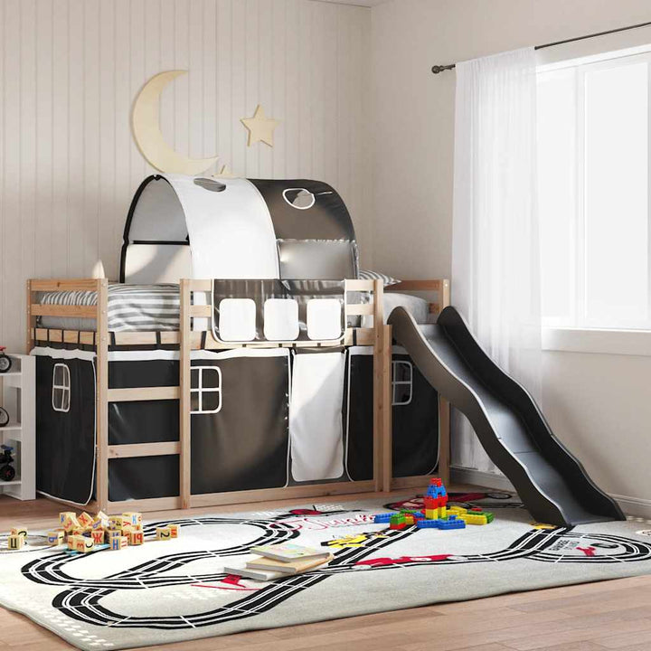 køjeseng med rutsjebane og forhæng 80x200 cm hvid og sort
