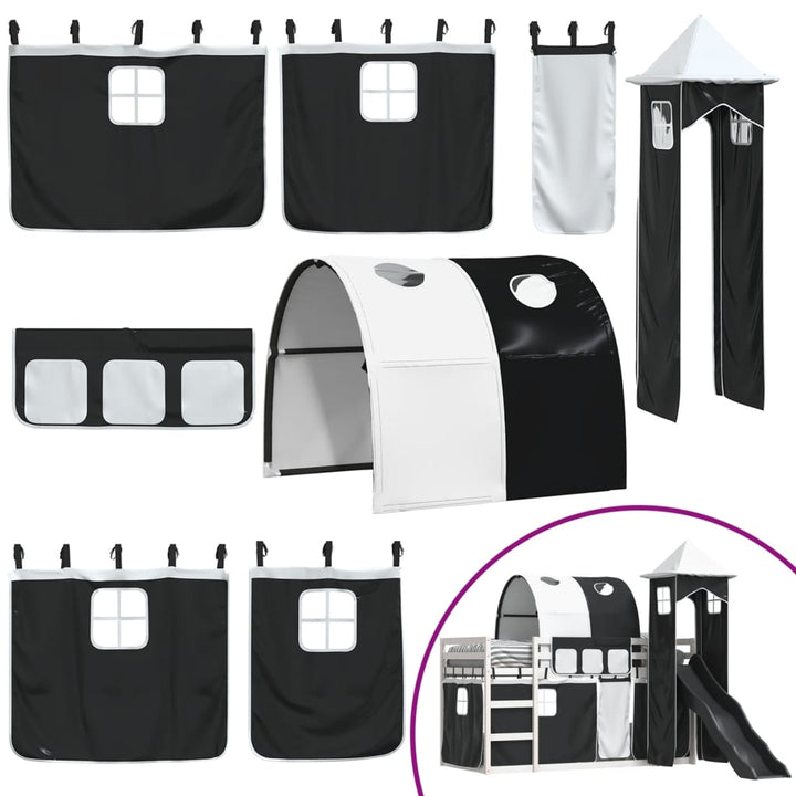 køjeseng med rutsjebane og forhæng 80x200 cm hvid og sort