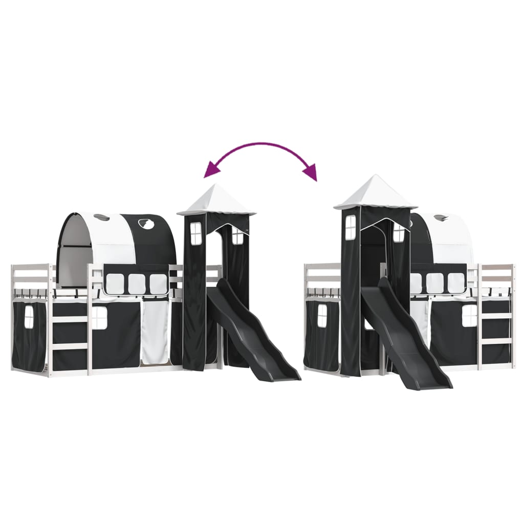 køjeseng med rutsjebane og forhæng 80x200 cm hvid og sort