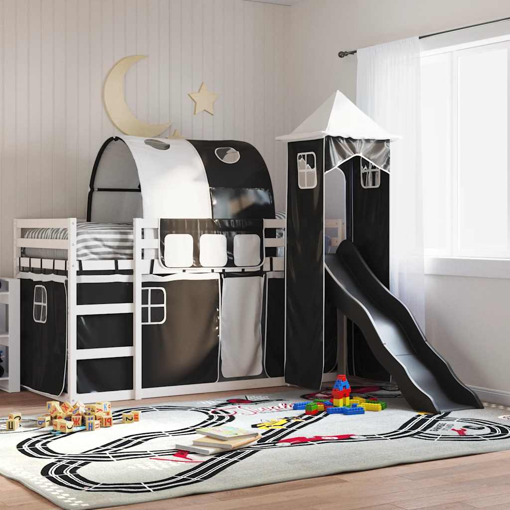 køjeseng med rutsjebane og forhæng 90x190 cm hvid og sort
