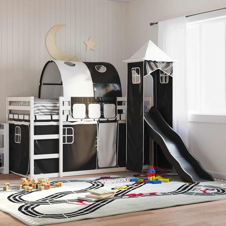 køjeseng med rutsjebane og forhæng 90x190 cm hvid og sort