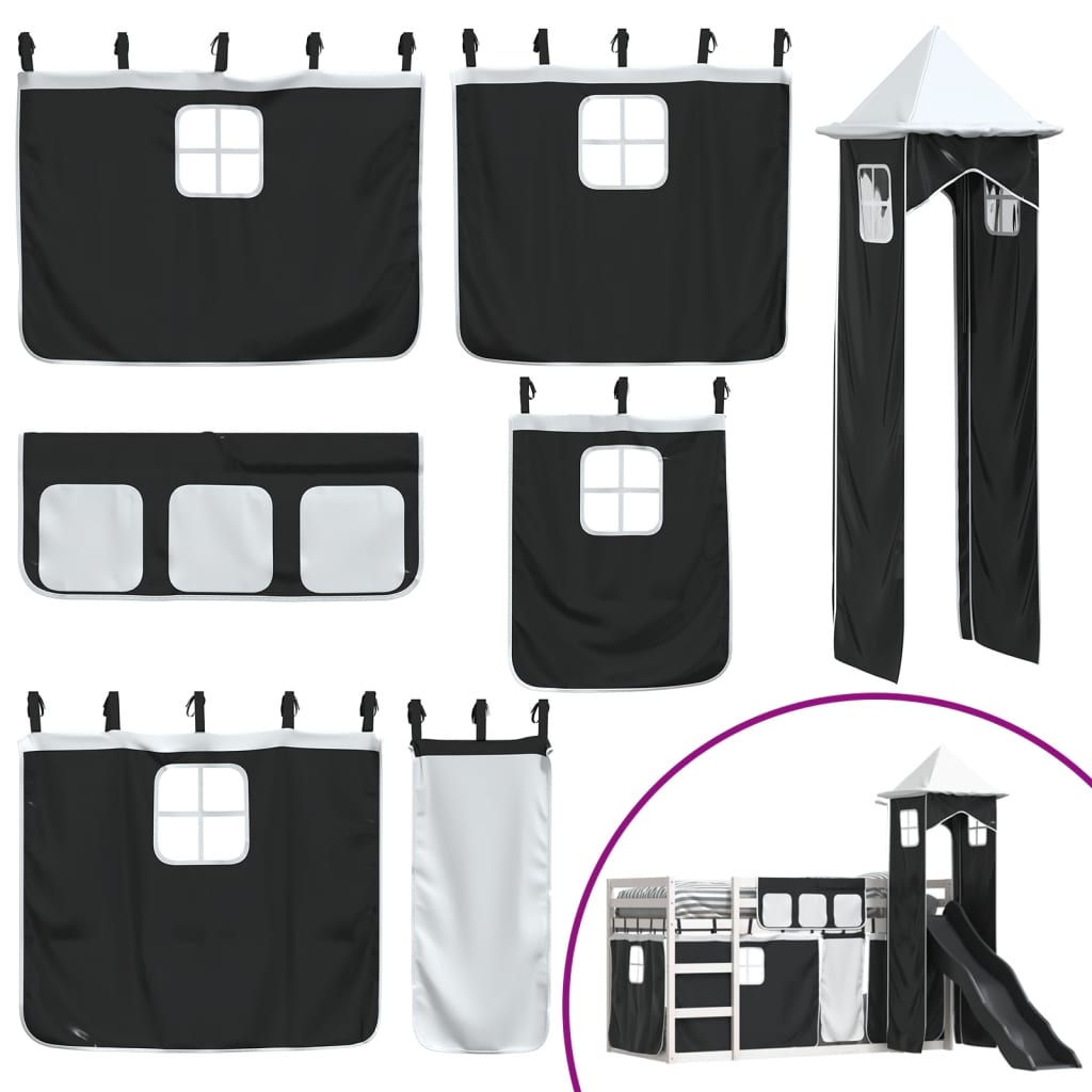 køjeseng med rutsjebane og forhæng 90x190 cm hvid og sort