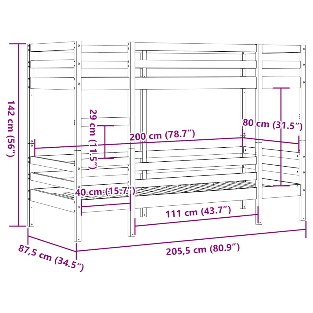 køjeseng 80x200 cm massivt fyrretræ voksbrun