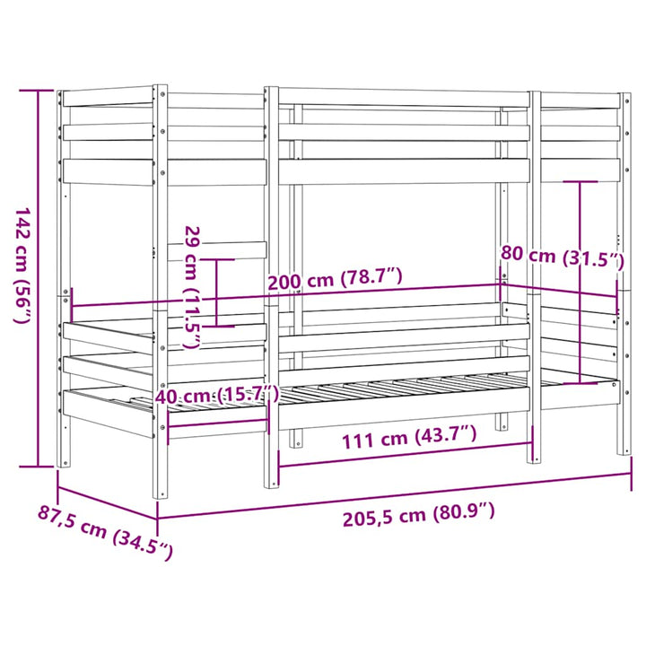 køjeseng 80x200 cm massivt fyrretræ voksbrun