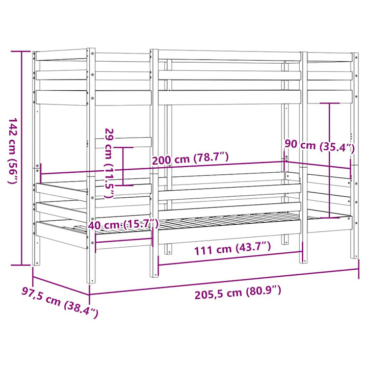 køjeseng 90x200 cm massivt fyrretræ hvid