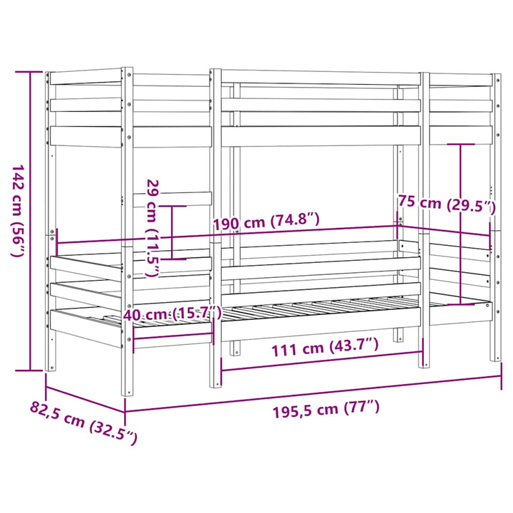 køjeseng 75x190 cm massivt fyrretræ voksbrun