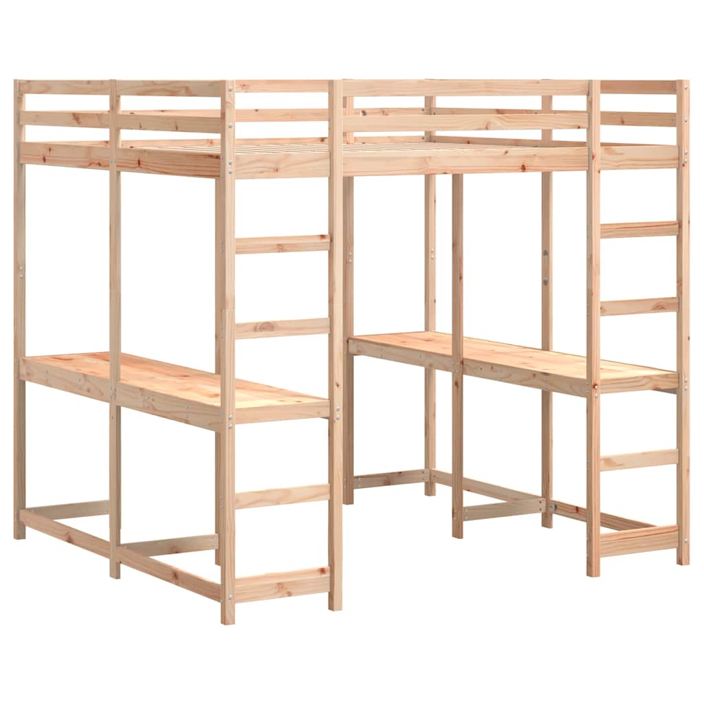 højseng med skrivebord 160x200 cm massivt fyrretræ