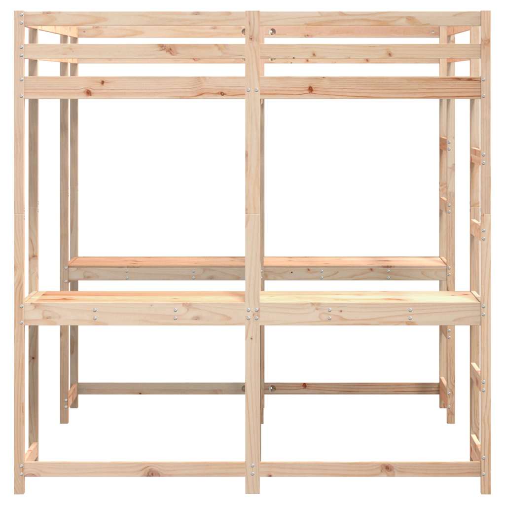 højseng med skrivebord 160x200 cm massivt fyrretræ