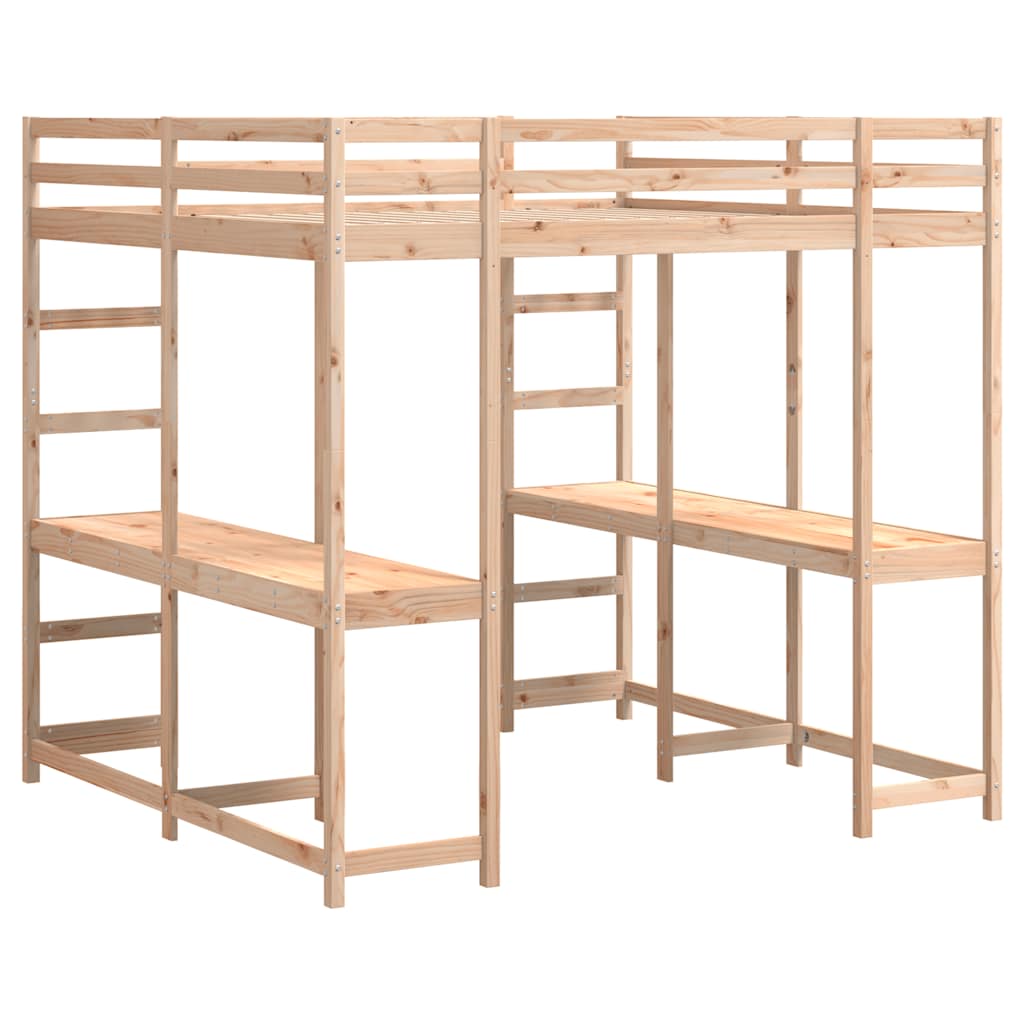 højseng med skrivebord 160x200 cm massivt fyrretræ