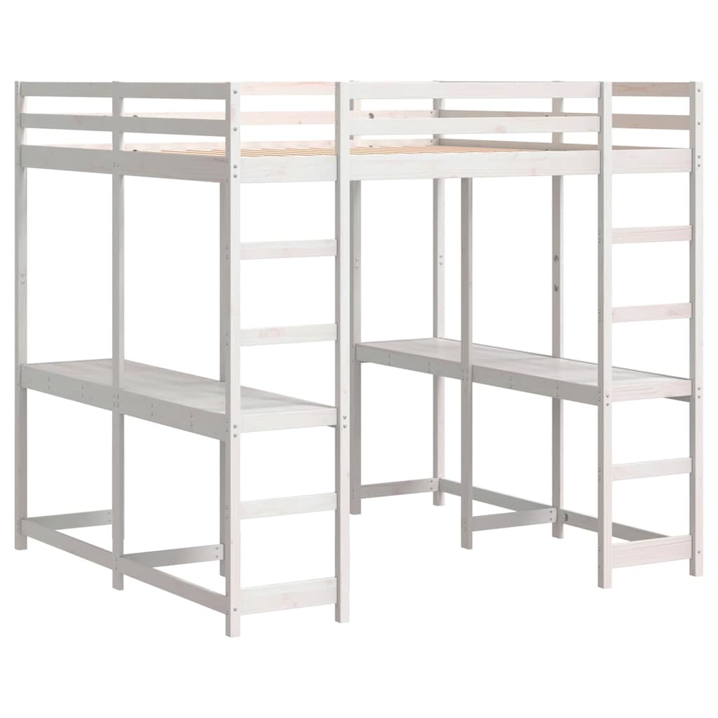 højseng med skrivebord 160x200 cm massivt fyrretræ hvid