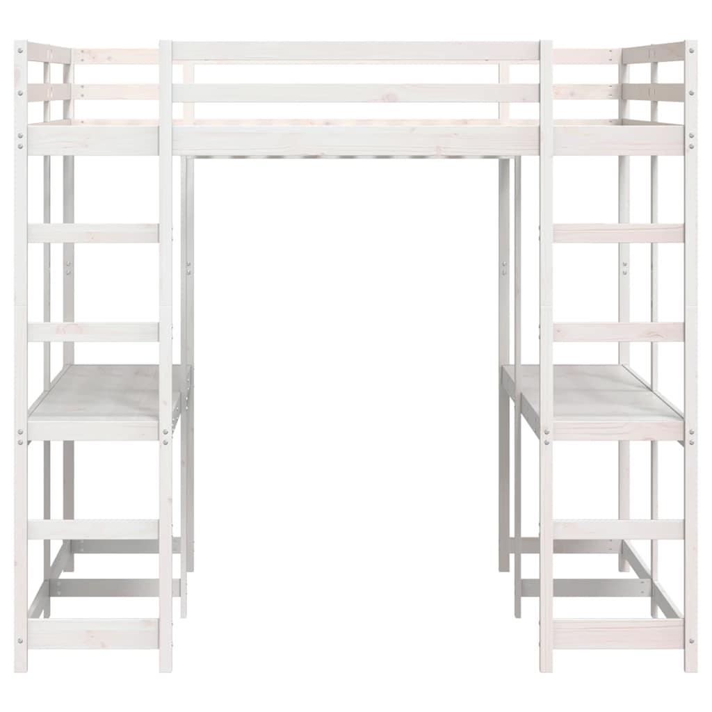 højseng med skrivebord 160x200 cm massivt fyrretræ hvid