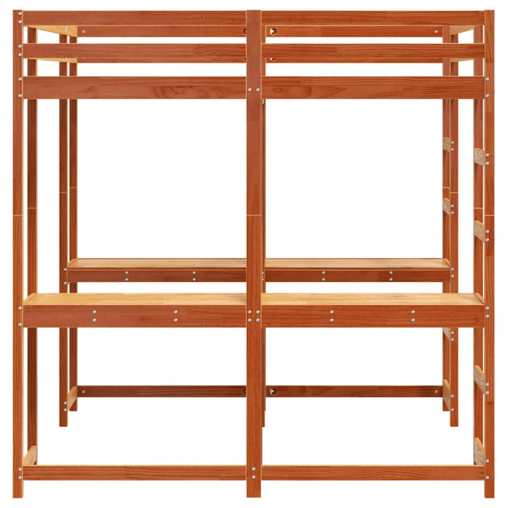højseng med skrivebord 160x200 cm massivt fyrretræ gyldenbrun
