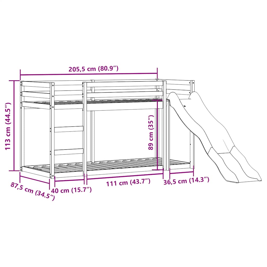 køjeseng med rutsjebane og stige 80x200 cm massivt fyrretræ