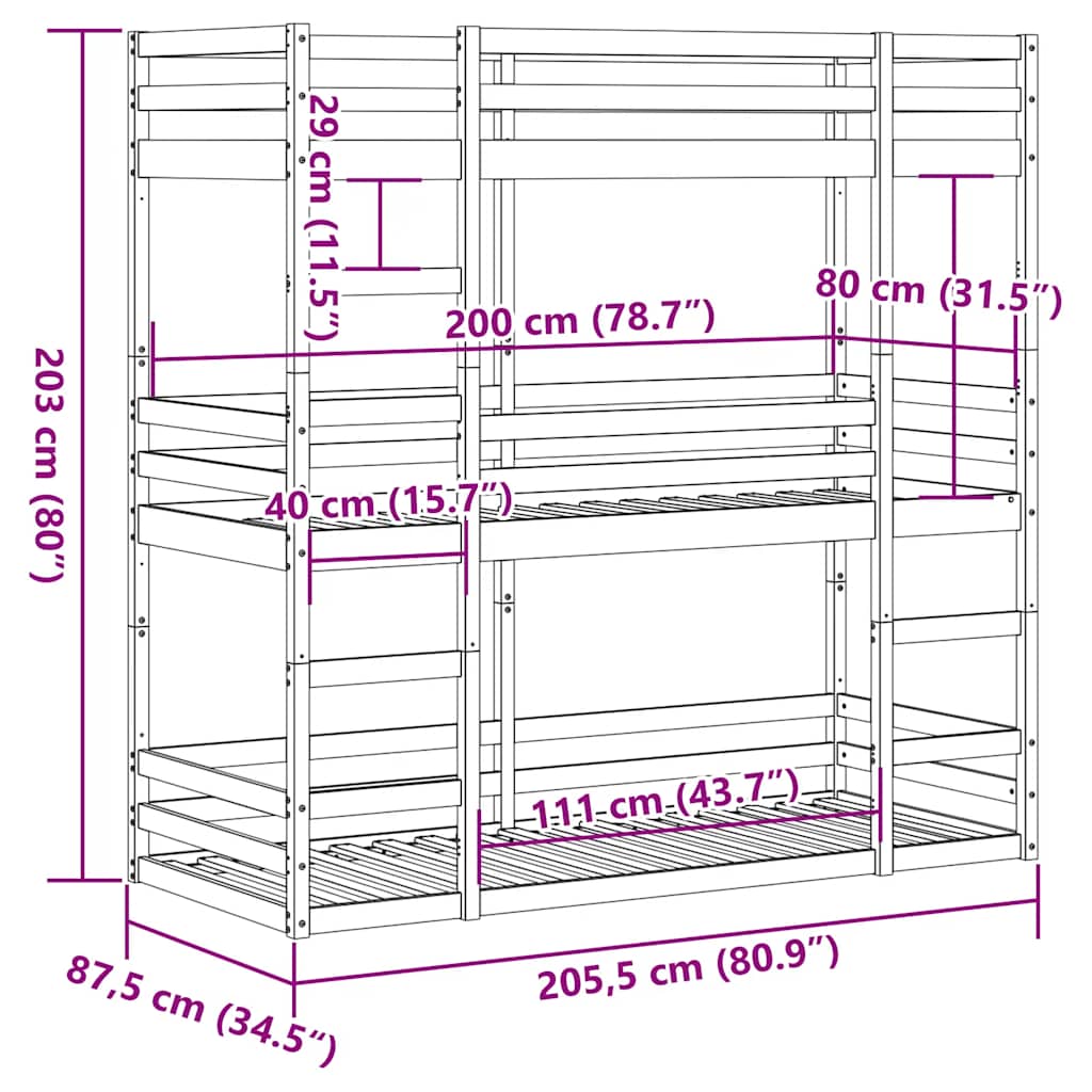 tredobbelt køjeseng 80x200 cm massivt fyrretræ