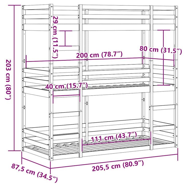 tredobbelt køjeseng 80x200 cm massivt fyrretræ