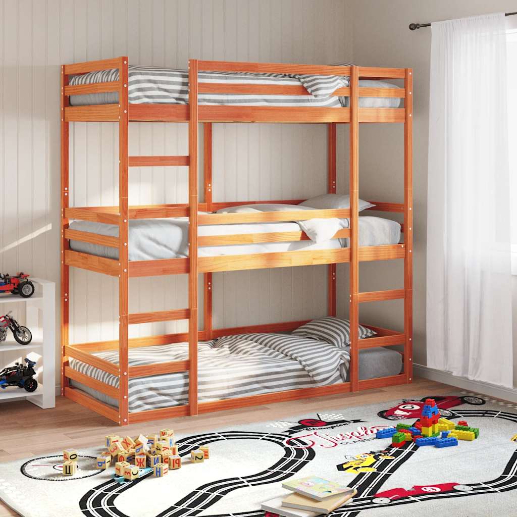 tredobbelt køjeseng 90x190 cm massivt fyrretræ voksbrun