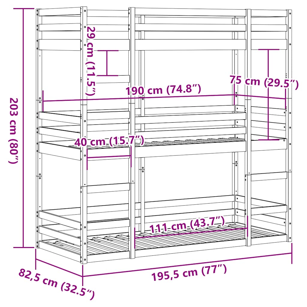 tredobbelt køjeseng 75x190 cm massivt fyrretræ hvid