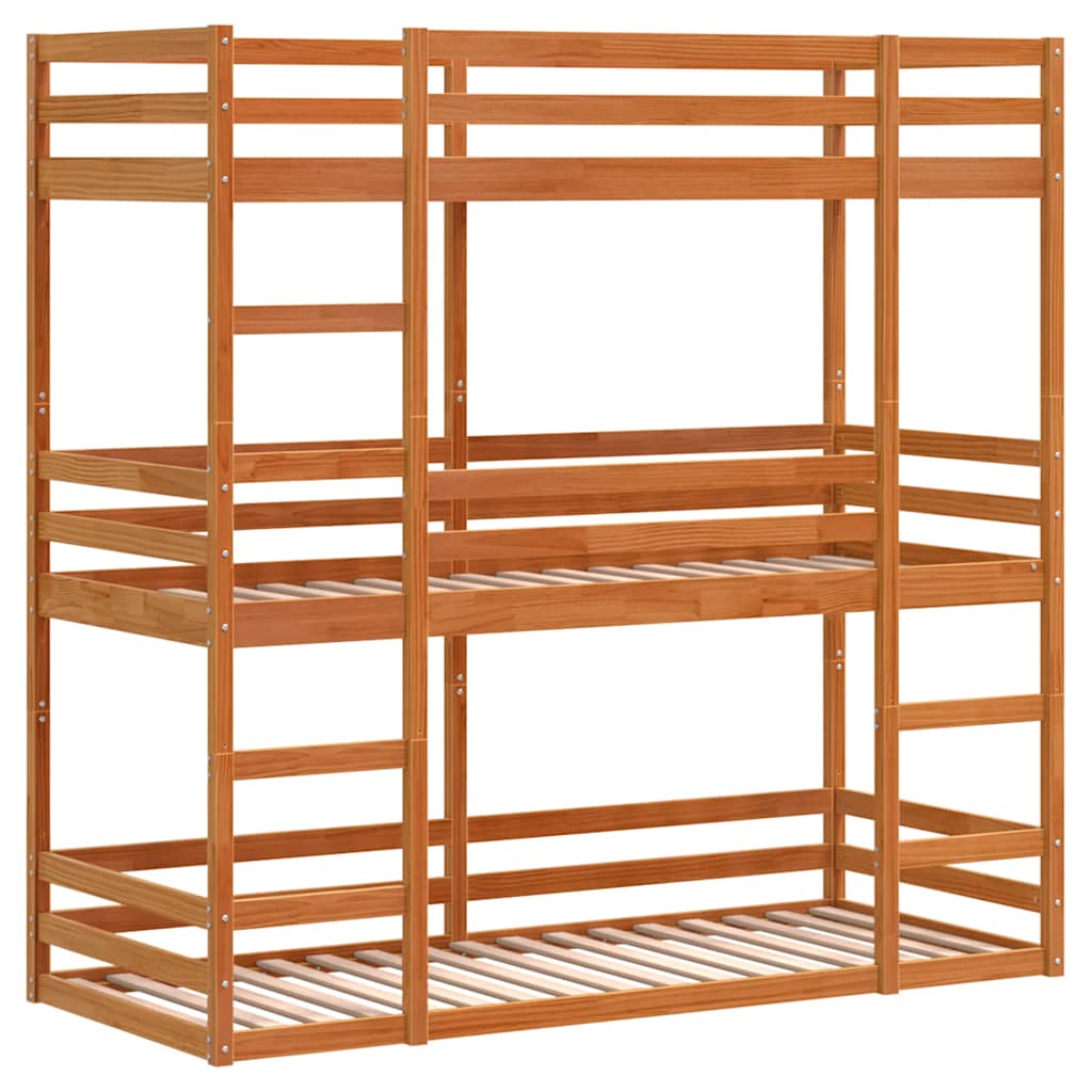 tredobbelt køjeseng 75x190 cm massivt fyrretræ voksbrun