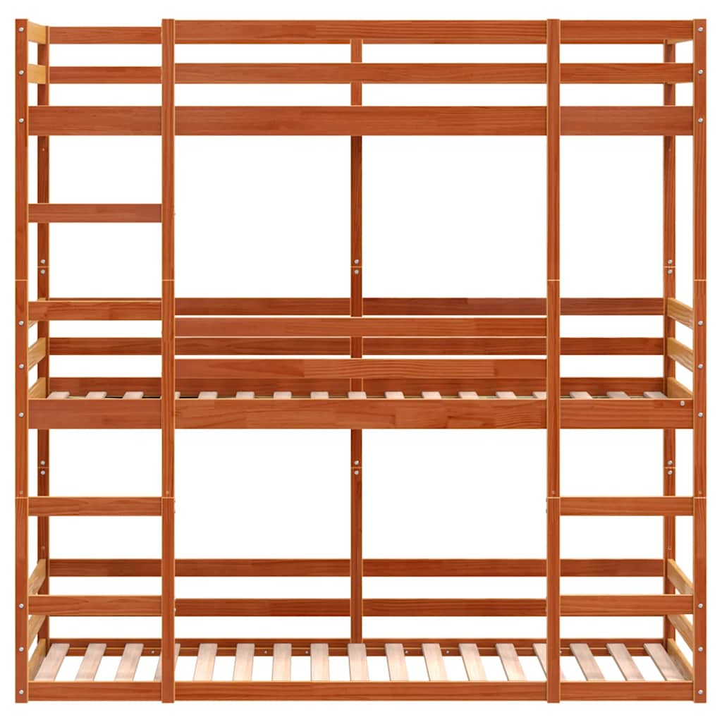 tredobbelt køjeseng 75x190 cm massivt fyrretræ voksbrun