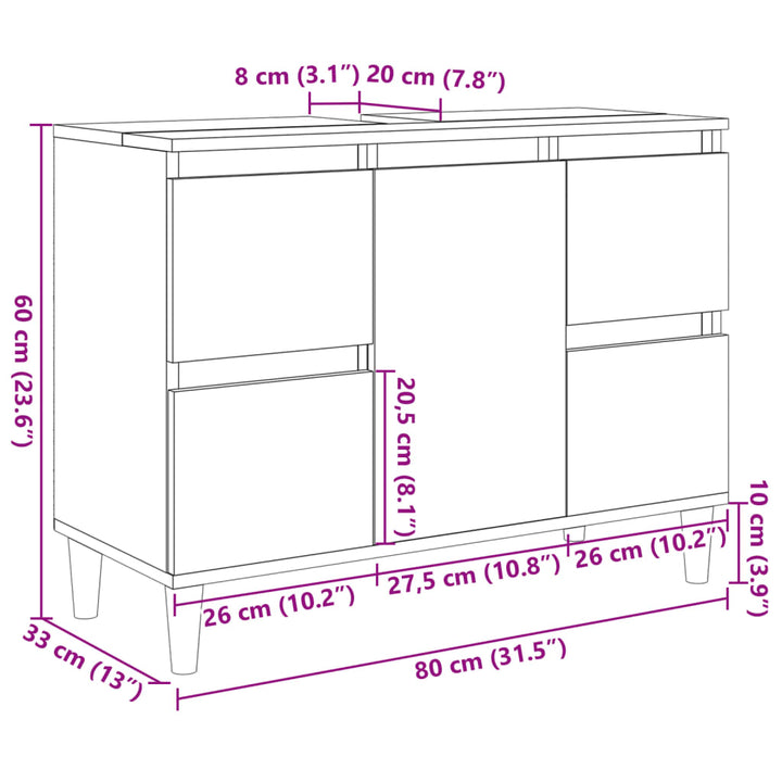 underskab til håndvask 80x33x60 cm konstrueret træ sonoma-eg