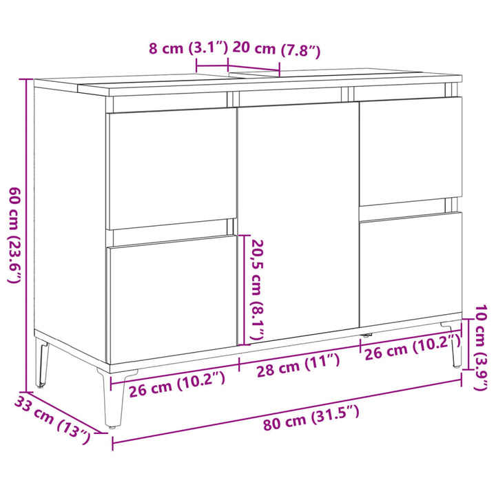 underskab til håndvask 80x33x60 cm konstrueret træ sonoma-eg