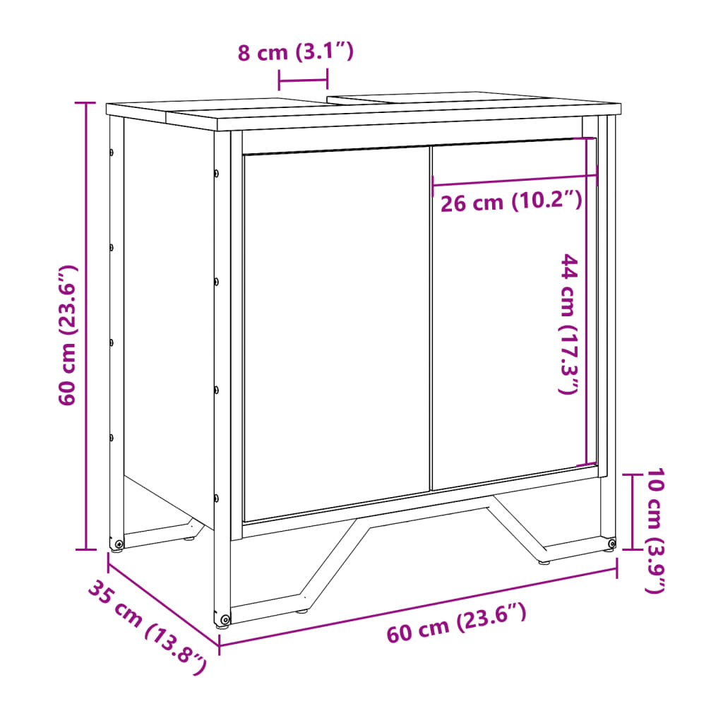 underskab til håndvask 60x35x60 cm konstrueret træ brunt eg