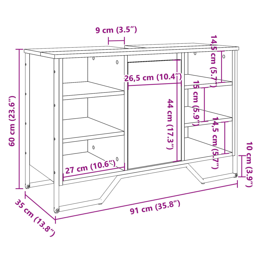 underskab til håndvask 91x35x60 cm konstrueret træ brunt eg