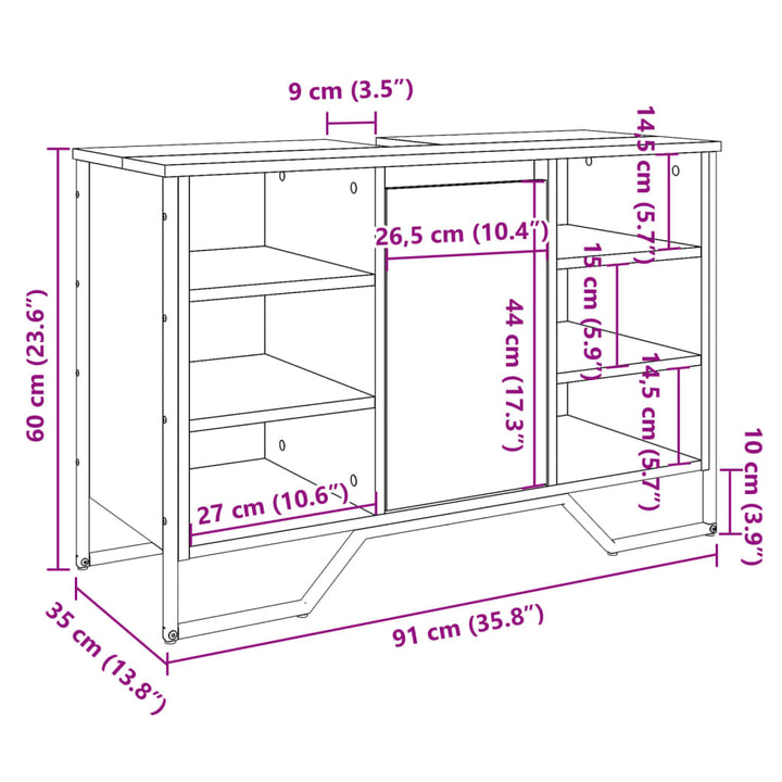 underskab til håndvask 91x35x60 cm konstrueret træ brunt eg