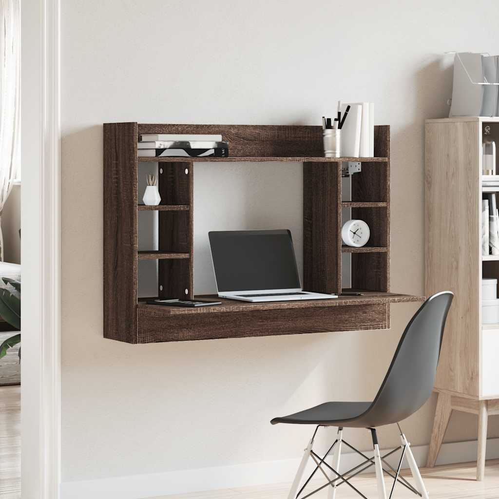 væghængt skrivebord 105x48x75 cm konstrueret træ brun egetræ