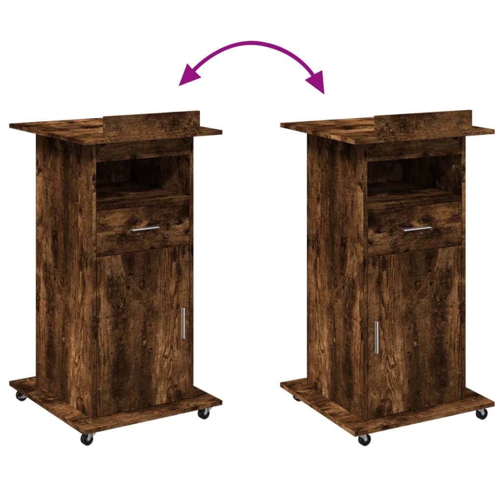 talerstol med hjul skuffe 55x55x107 cm konstrueret træ røget eg