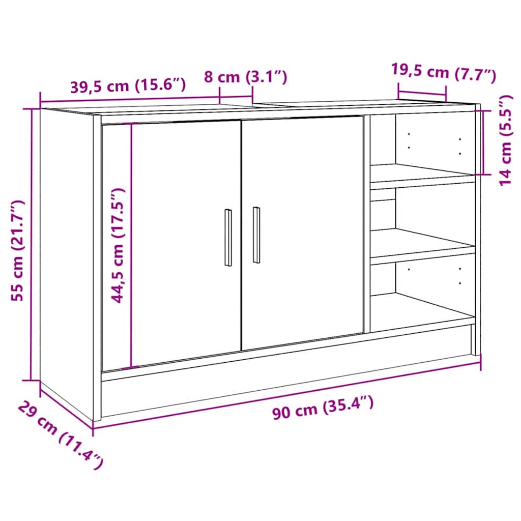 underskab til håndvask 90x29x55 cm konstrueret træ røget eg