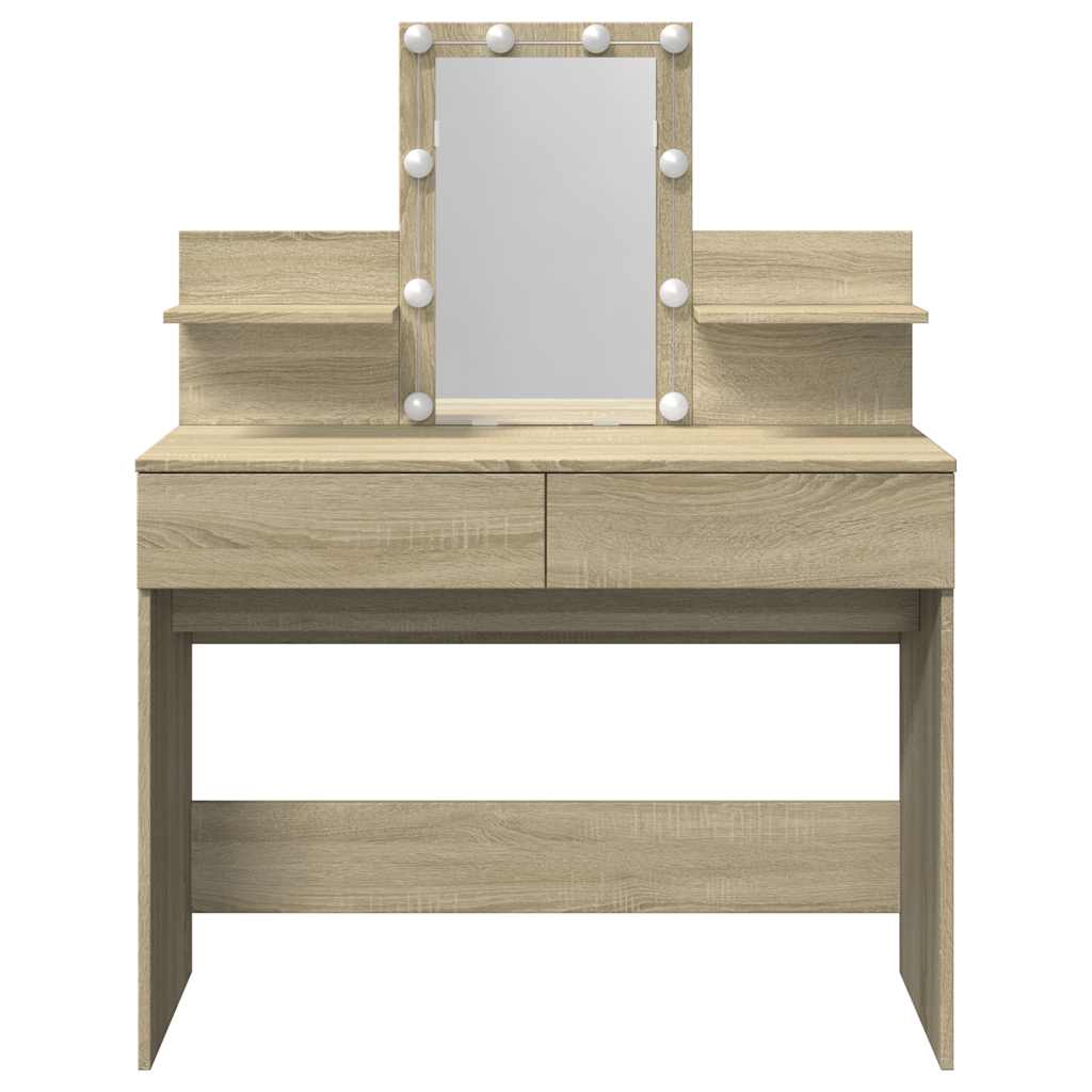 makeupbord med LED-lys 100x40x130 cm brun sonoma-eg