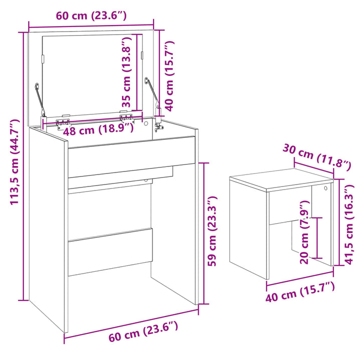 kosmetikbord med skammel 60x40x113,5 cm røget egetræsfarve