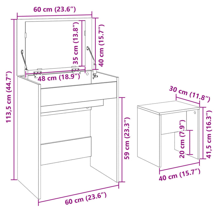 kosmetikbord med skammel 60x40x113,5 cm grå sonoma-eg