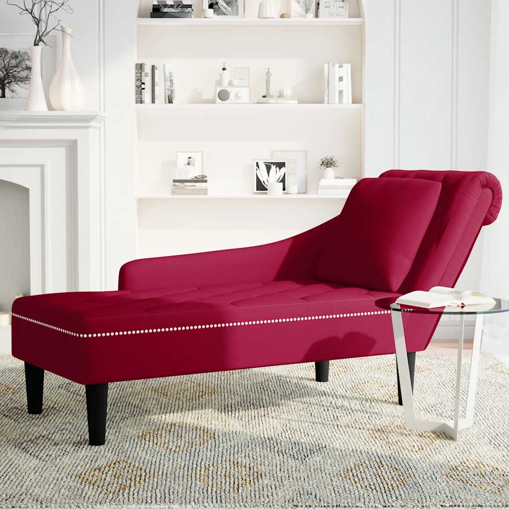 chaiselong med pude og højre armlæn fløjl vinrød