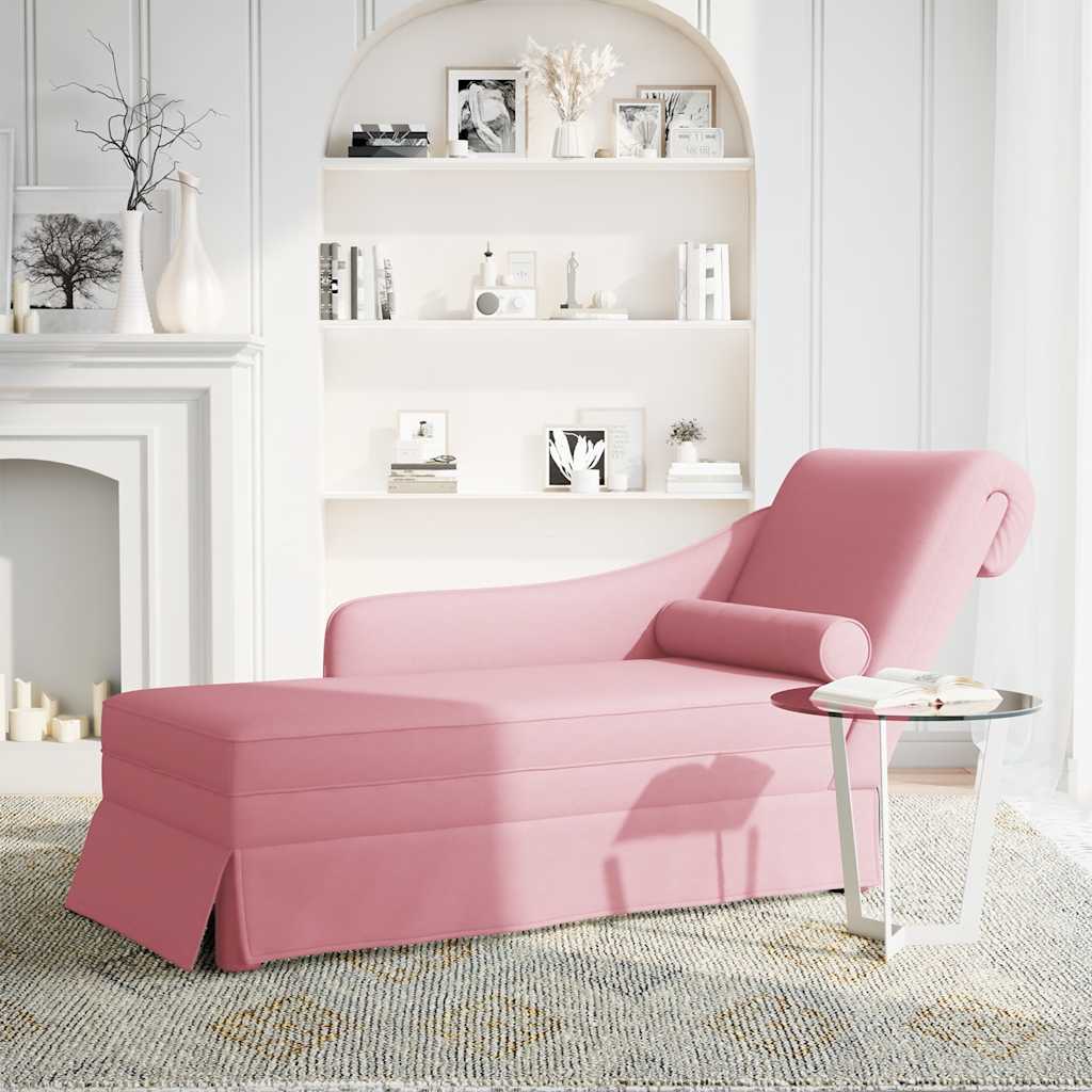 chaiselong med bolster og højre armlæn fløjl lyserød