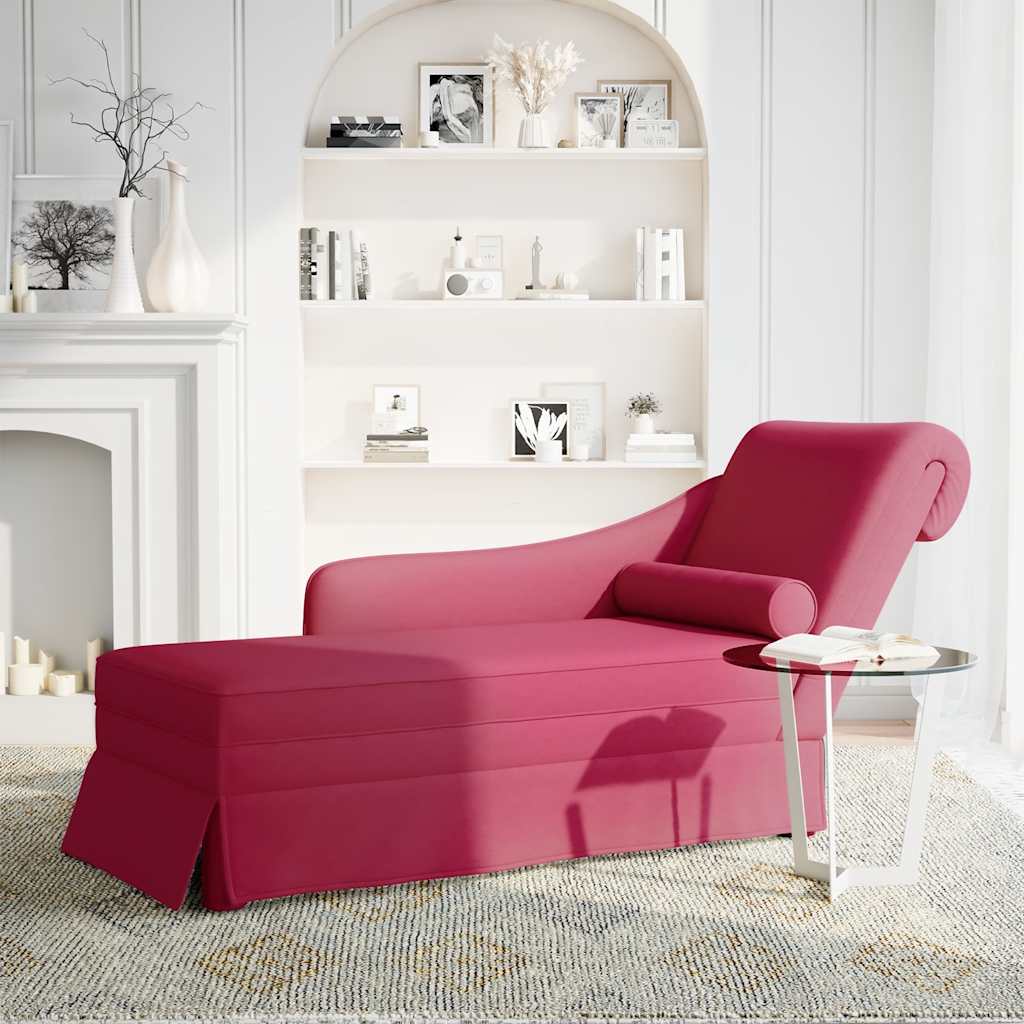 chaiselong med bolster og højre armlæn vinrød fløjl