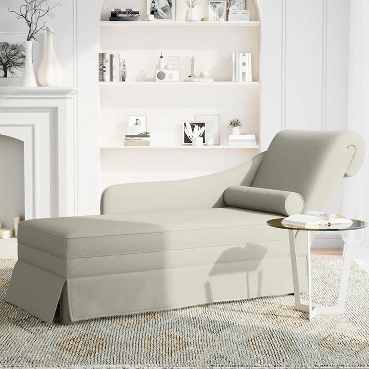 chaiselong med bolster og højre armlæn fløjl cremefarvet
