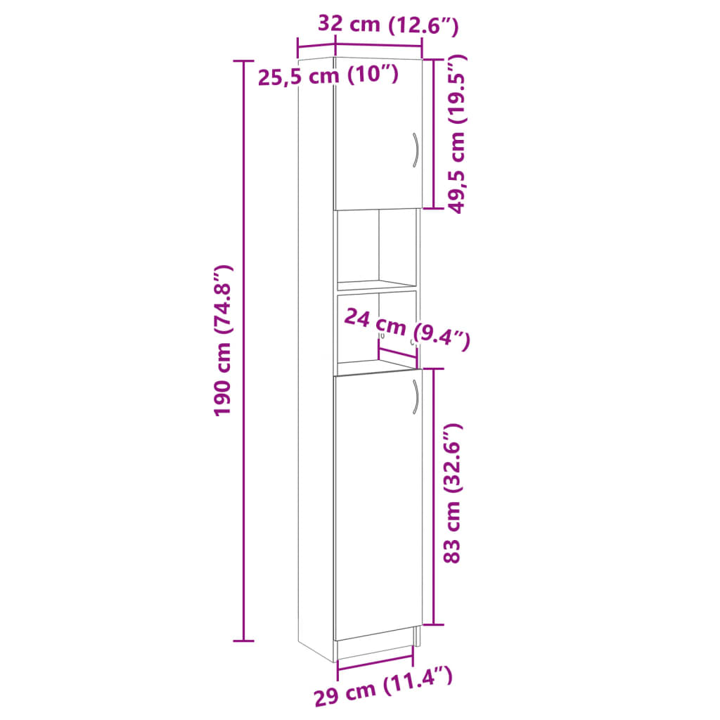 badeværelsesskab 32x25,5x190 cm konstrueret træ sonoma-eg