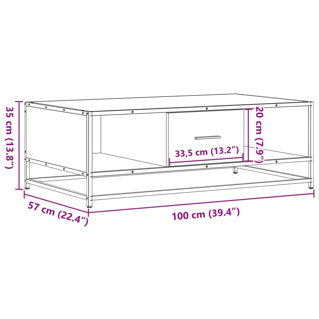 sofabord 100x57x35 cm konstrueret træ og metal grå sonoma-eg