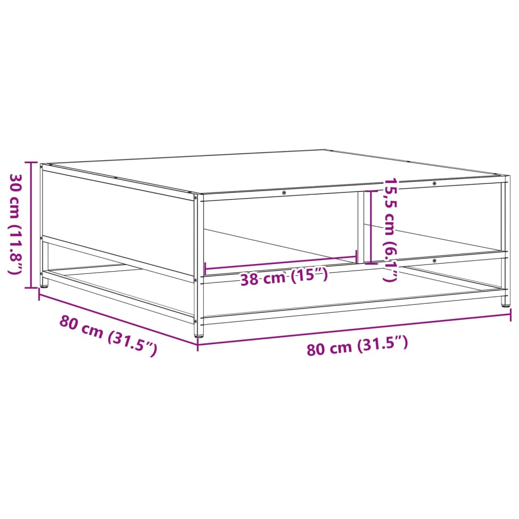 sofabord 80x80x30 cm konstrueret træ og metal grå sonoma-eg