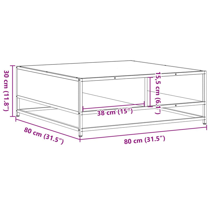 sofabord 80x80x30 cm konstrueret træ og metal brunt eg