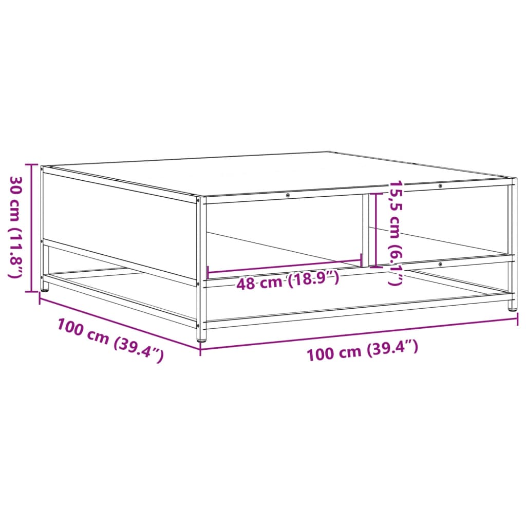 sofabord 100x100x30 cm konstrueret træ og metal grå sonoma-eg