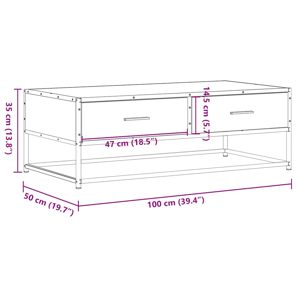 sofabord 100x50x35 cm konstrueret træ og metal brunt egetræ