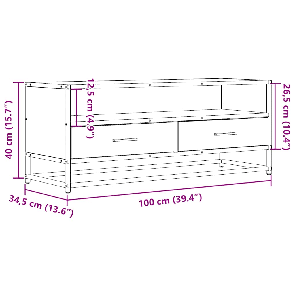 tv-bord 100x34,5x40 cm konstrueret træ metal røget egetræsfarve