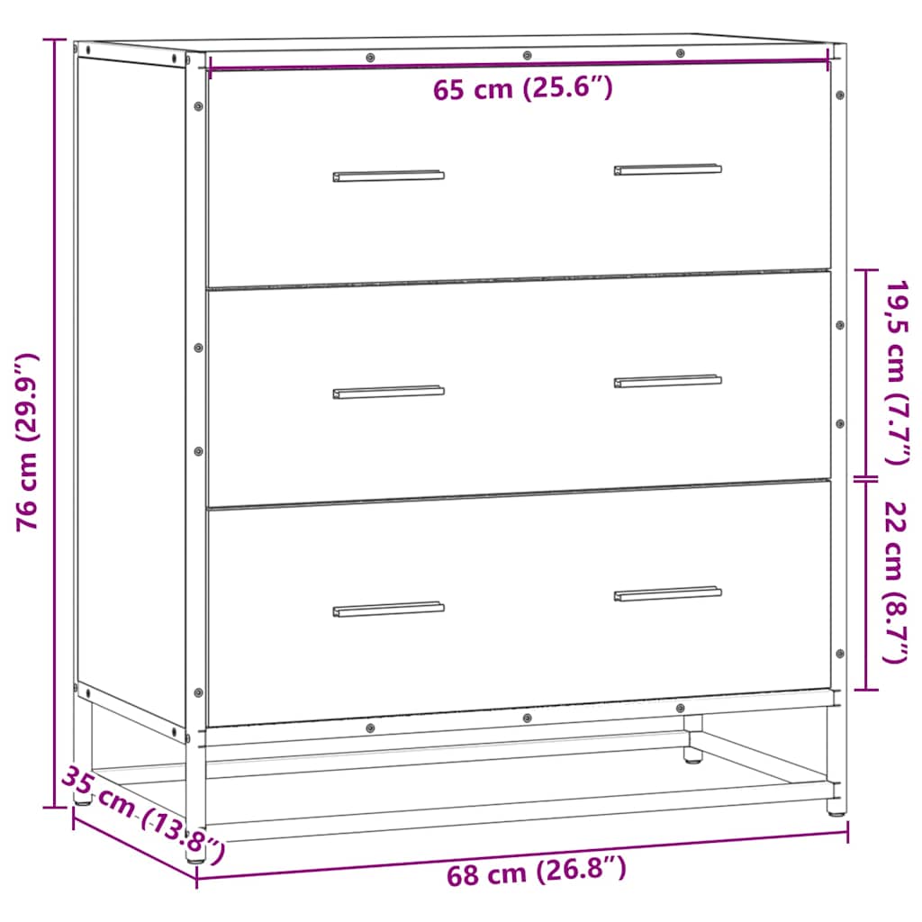 skuffeskab 68x35x76 cm konstrueret træ og metal sort