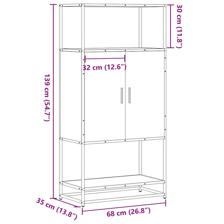 skab sonoma-eg 68x35x139 cm konstrueret træ og metal