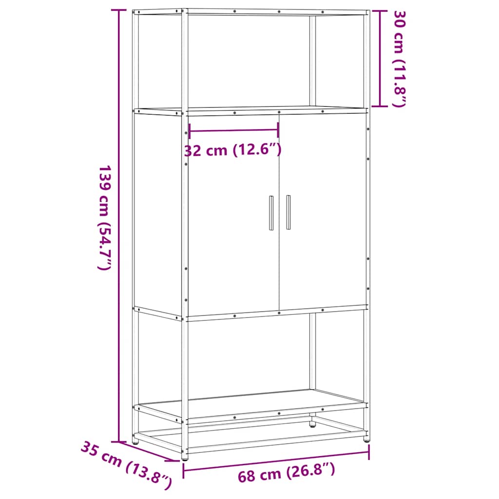 skab brun egetræ 68x35x139 cm konstrueret træ og metal