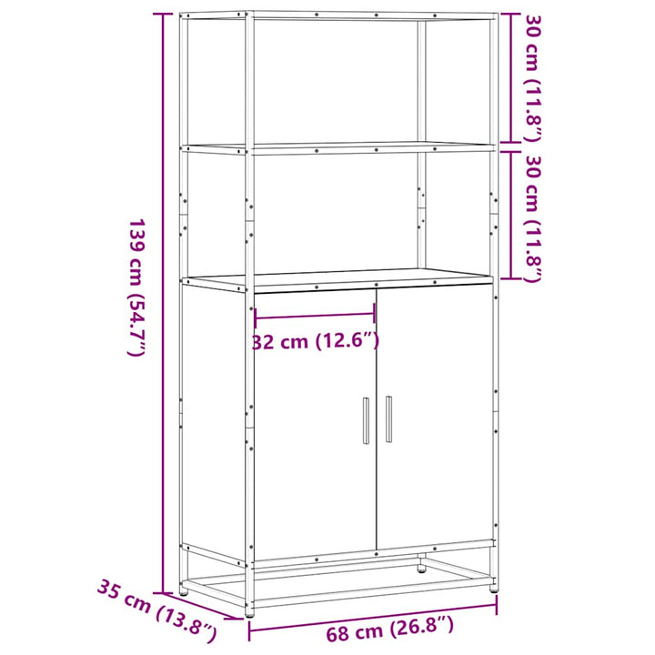 skab brun egetræ 68x35x139 cm konstrueret træ og metal