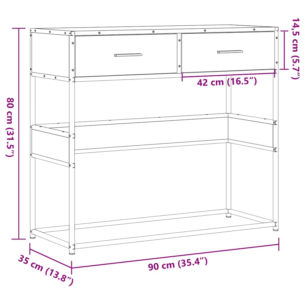 konsolbord 90x35x80 cm konstrueret træ røget egetræsfarve